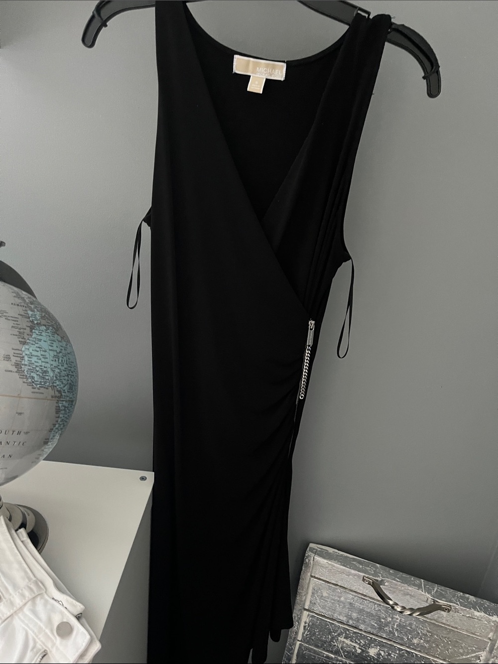 Michael Kors Black One-Shoulder High-Low Side Wrap Dress with Side Zip